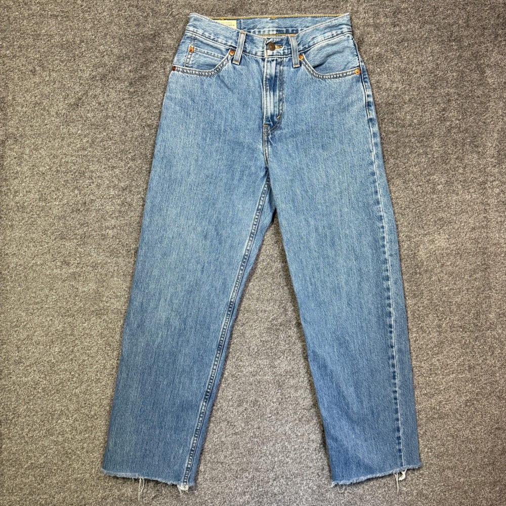 Levis Premium Ribcage Straight Ankle Jeans Size 24 Raw Hem Light Wash Blue Denim